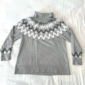 LOFT Gray White Chevron Turtleneck Sweater Holiday Winter Cotton Blend Size L